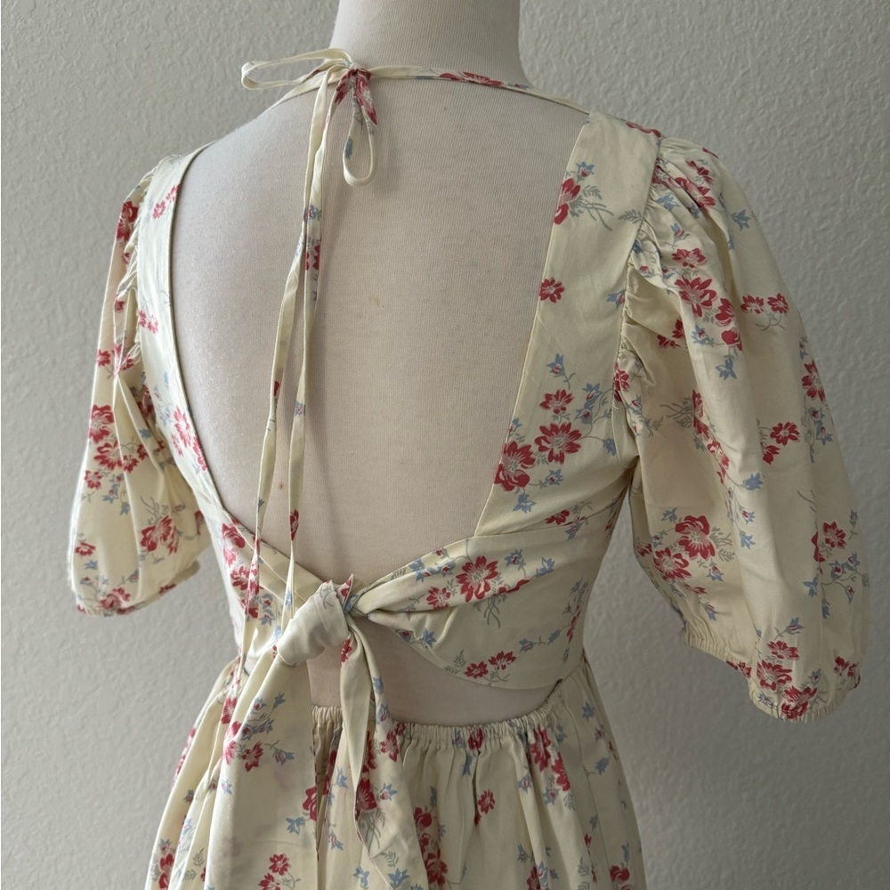 WAYF Whisper Cottage-Core‎ Square Neck Back Tie Ivory Floral Print Ivory Sz S - Picture 6 of 16